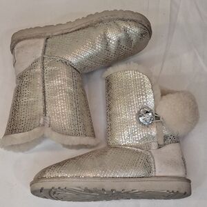 UGG Women's Silver Sparkle Ankle Boots with Pom-Pom. Lightly Worn. Party Booties